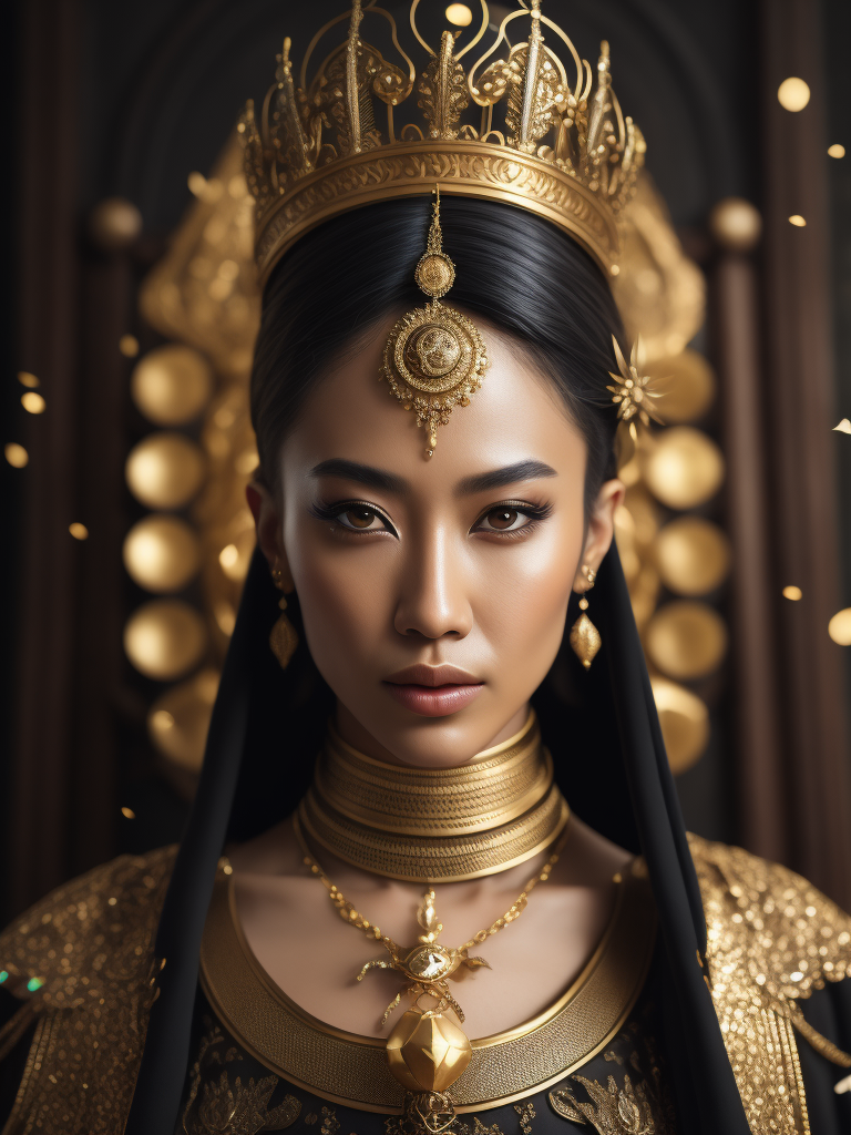 hyper-realistic, ultra-detailed photograph of asian woman with arabic fashion black cloak and gold crown with beautiful fly bird in the Renaissance ottoman throne kingdom, photo realistic, golden jewelry, shiny, sunlight fractal details, depth of field, HOF, hall of fame, detailed gorgeous face, apocalyptic environment, natural body posture, professional photographer, captured with professional DSLR camera, trending on Artstation, 64k, ultra-detailed, ultra-accurate detailed, bokeh lighting, surrealism