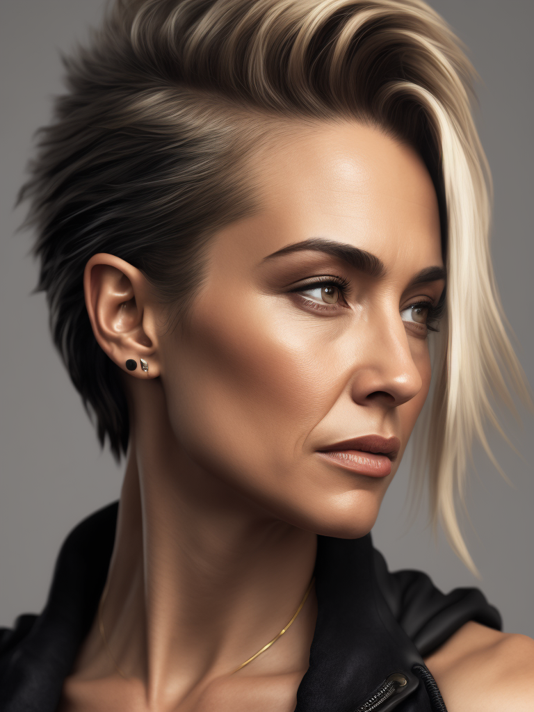 a 42 yo woman, blonde, (hi-top fade:1.3), dark theme, soothing tones, muted colors, high contrast, (natural skin texture, hyperrealism, soft light, sharp)