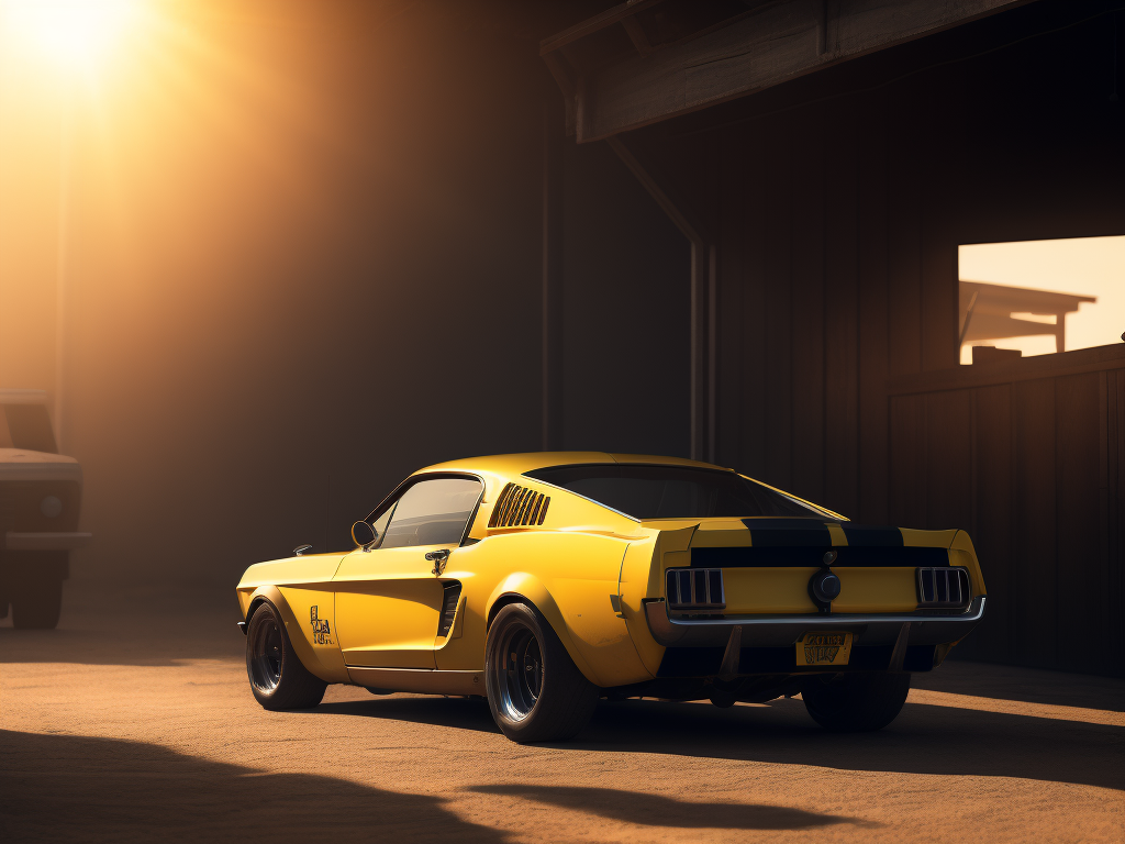 A videogame background image of a dusty garage, a racing Mustang car in the foreground with visible wear and tear, yellow sun rays coming inside from a small window illuminate the car, incredible graphics, 4k