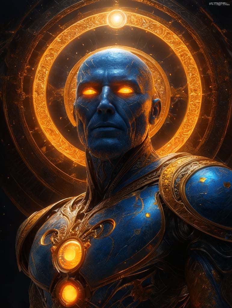 light been with a human shape orange yellow with the border blue energy light flying in the eternal universe