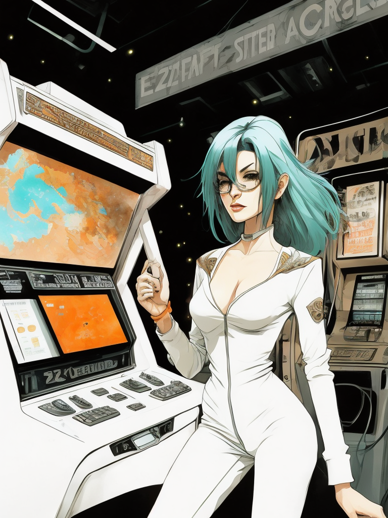 Vintage 90's anime style environmental wide shot of a chaotic arcade at a woman wearing glasses playing an arcade by hajime sorayama, greg tocchini, virgil finlay, sci-fi. line art. environmental arcade art.