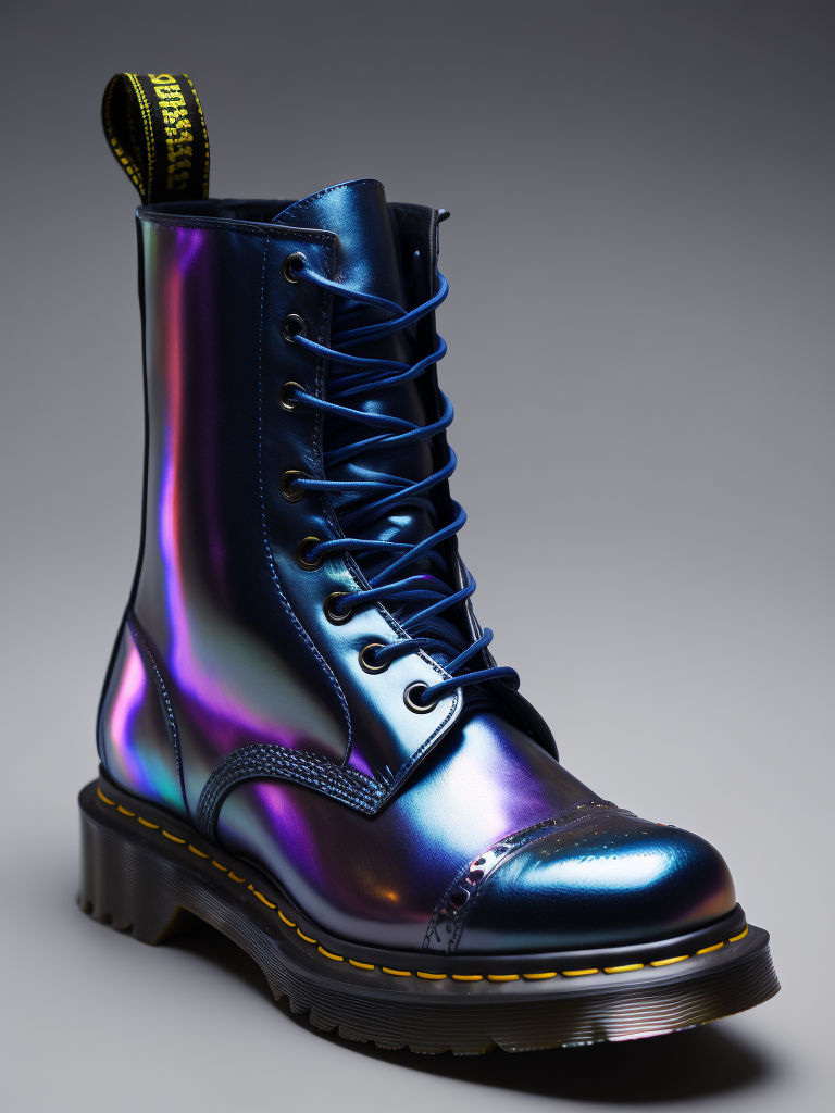 MADE OF IRIDESCENT FOIL + a holographic transparent shoe by dr.martens, octane render, blender, realistic, detailed