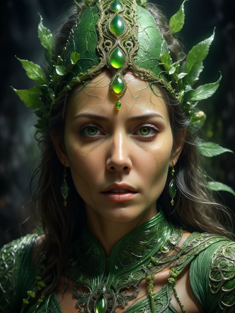 Portrait of a woman experiencing spiritual experience, wrapped green film