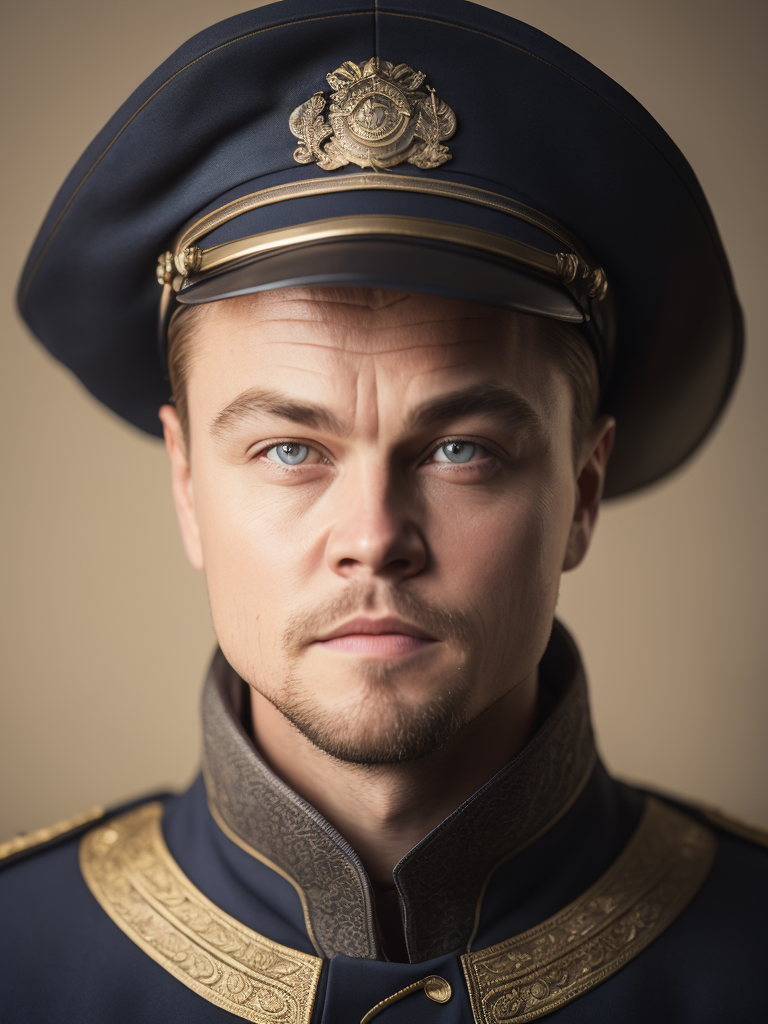 Portrait of Leonardo DiCaprio as a 17th century ship captain, Detailed uniform, Brass buttons, gradient background, contrasting light, detailed face, muted tones