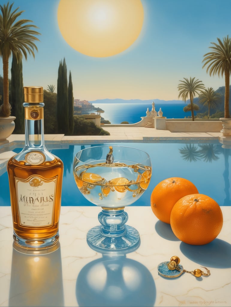 Create an oil painting in a surrealistic style inspired by Michael Parkes, featuring a whisky glass and a whisky bottle standing next to it, along with a sliced tangerine, sparkling in the sun. The setting is a deserted large swimming pool with sparkling water, located at the seaside on a terrace of a villa in Monaco. Include only the bottle, glass, and tangerine, with a background in pale blue and gold colors, incorporating Salvador Dali style and Gustav Klimt ornaments. The painting should be very high resolution and very realistic