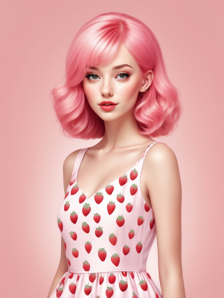 create a 2d vector illustration of a cute woman with pink hair in a pink dress with a strawberry print in a minimalist style