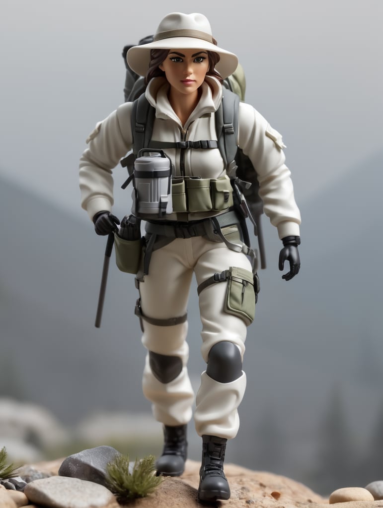 modern female hunter action figure with a real short beard wearing white clothes and a camping backpack