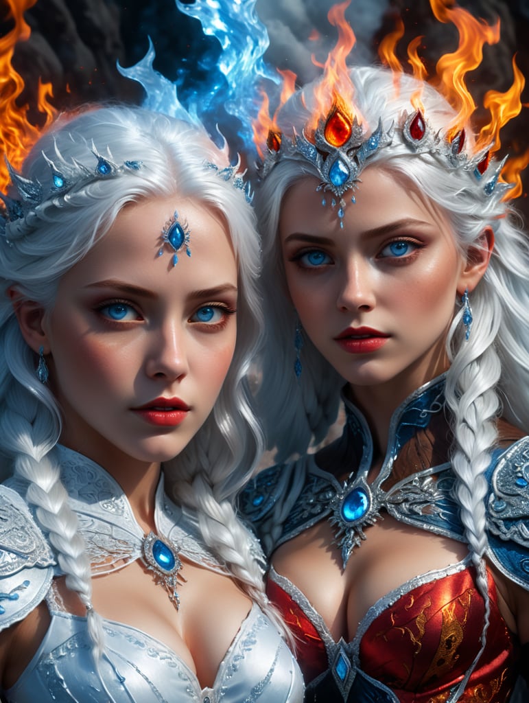 two girls, ice queen with fire queen, ice queen in white blue eyes white hair, fire queen in red black beautiful brown eyes red hair
