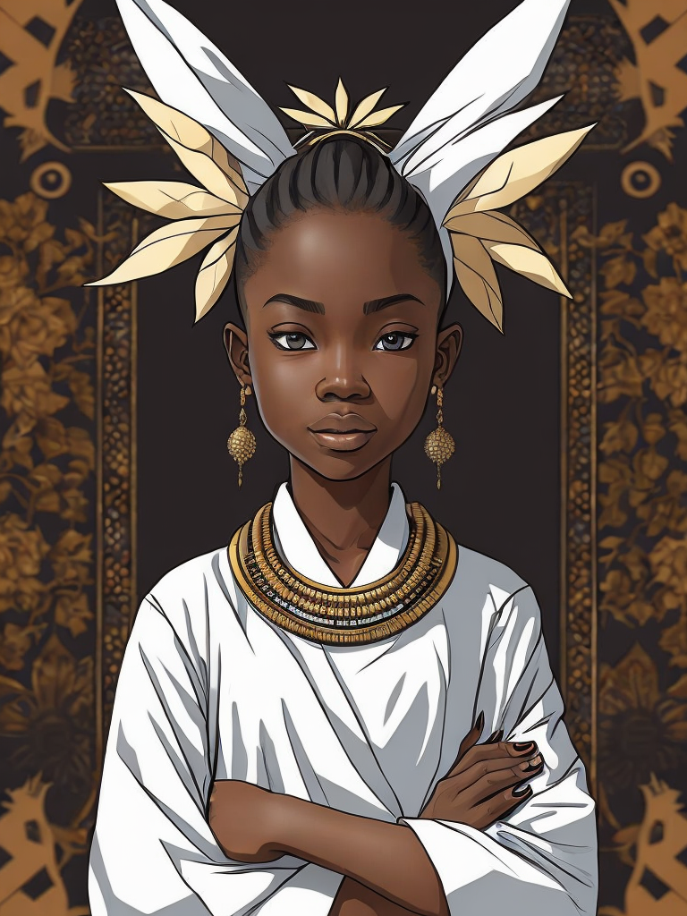 Create a manga drawing of a young African character wearing modernized traditional clothing, standing confidently with arms crossed.