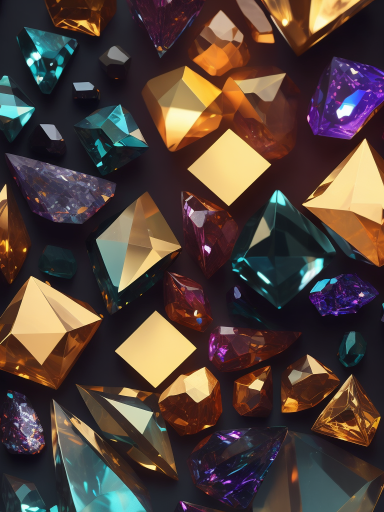Crystal texture, pattern, background, top view, organic texture, seamless texture, scattered crystals, deep colors, contrast lighting, volumetric crystals, crystals stacked on top of each other, closely stacked crystals, knolling, flat lay, gems, crystals