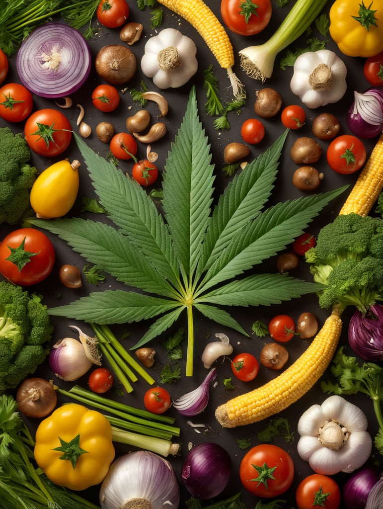 Photorealistic cannabis leaf surrounded by vegetables including garlic, mushrooms, and onions on a yellow background