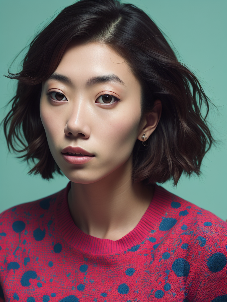 female face, colorful pattern, swollen , and a pink sweater, in the style of dan matutina, dreamy atmosphere, ina wong, lighthearted, yayoi kusama, pensive poses, social media portraiture