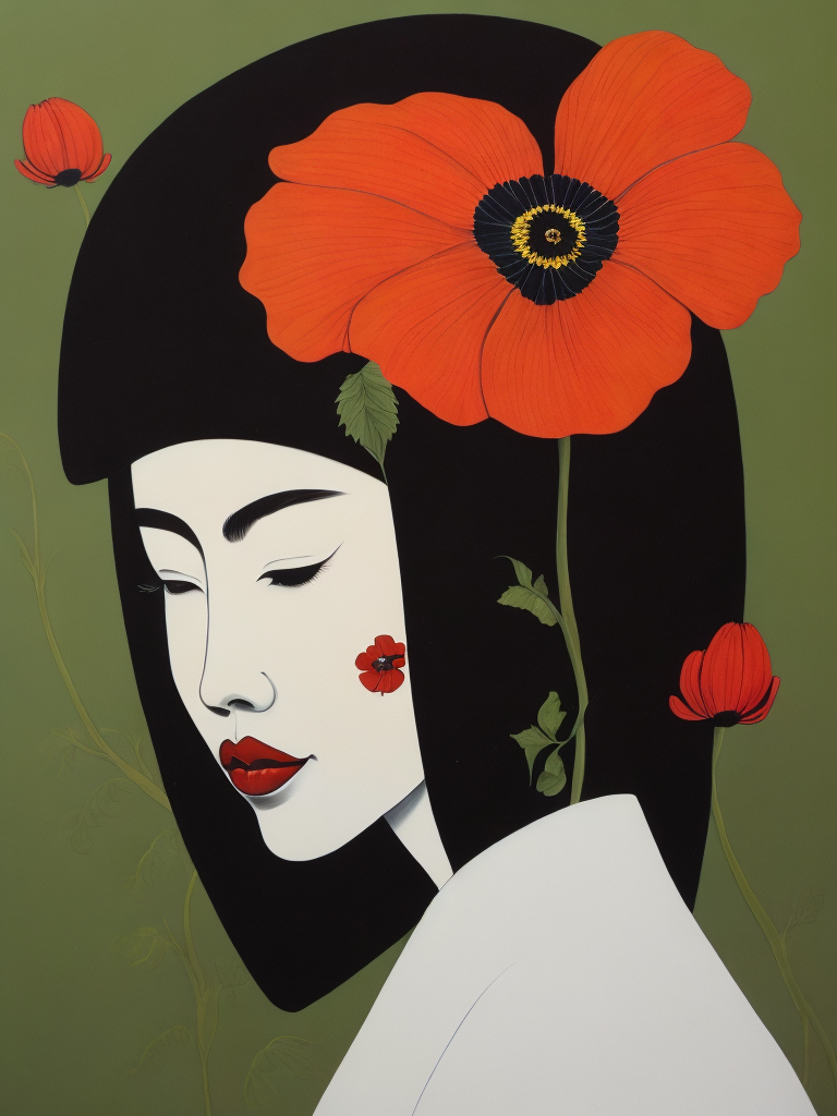 Hiroshi Nagai, ultrafine detailed painting of a woman with a n opium poppy flower in her hair, whimsical, detailed painting