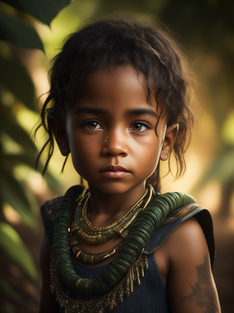 Portrait of an Brazilian amazon child, high definition, photography, cinematic, detailed character portrait, detailed and intricate environment