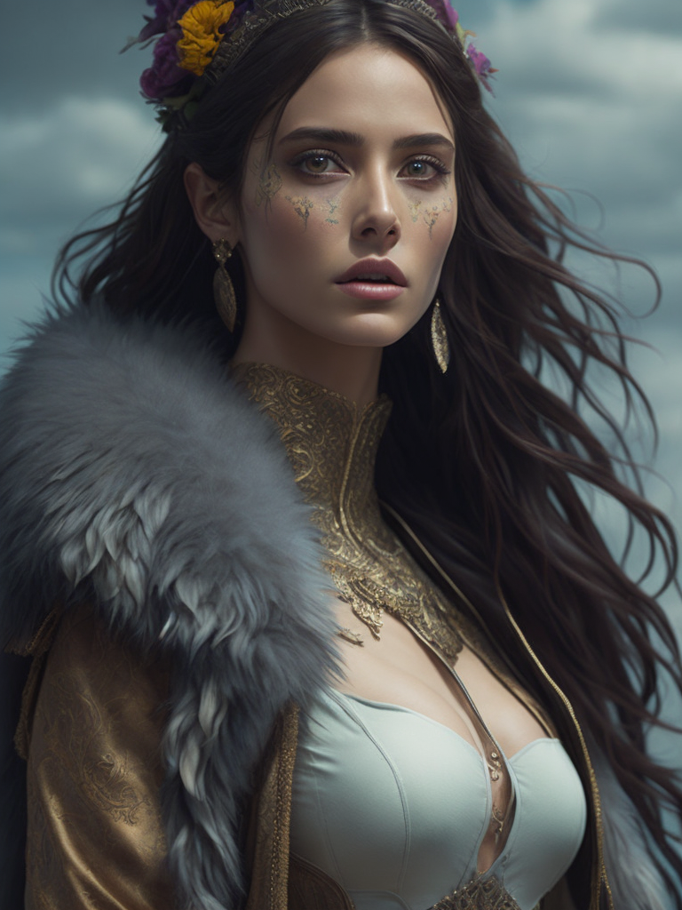 draw the girl is a model, standing tall, dressed in a fur coat, a colorful fur coat, flowers are depicted on the fur coat, a scarf on her head, an elegant pose, blue sky, summer, smears of oil paint, muted color, grain, Joe Madureira's Masterpiece inspired by Magali Villeneuve, Ann Stokes, Luis Royo and WLOP, 8k Ultra HD. --s 250