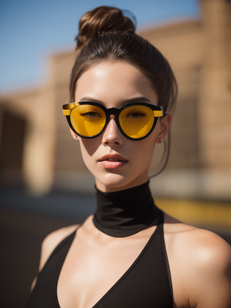 Portrait of a fashion model dressed in a black swimsuit and a yellow transparent sun glasses, Sunny weather, Contrasting light, Hair in a bun