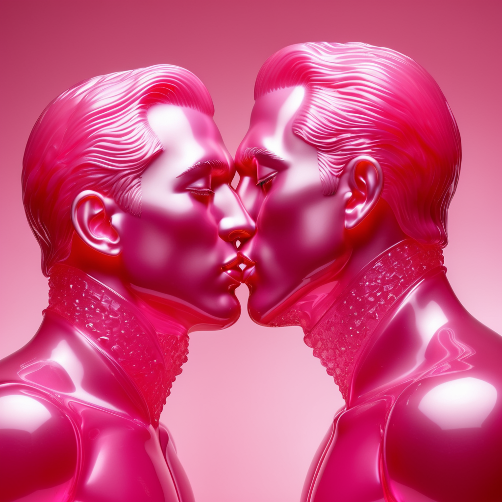 Kiss Art: Two pink translucent wax figures kissing each other, isolated, pink background