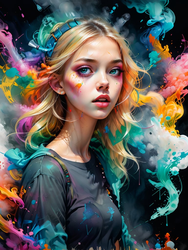 Blonde teenage girl vaping lots of colourful smoke and looking sickly