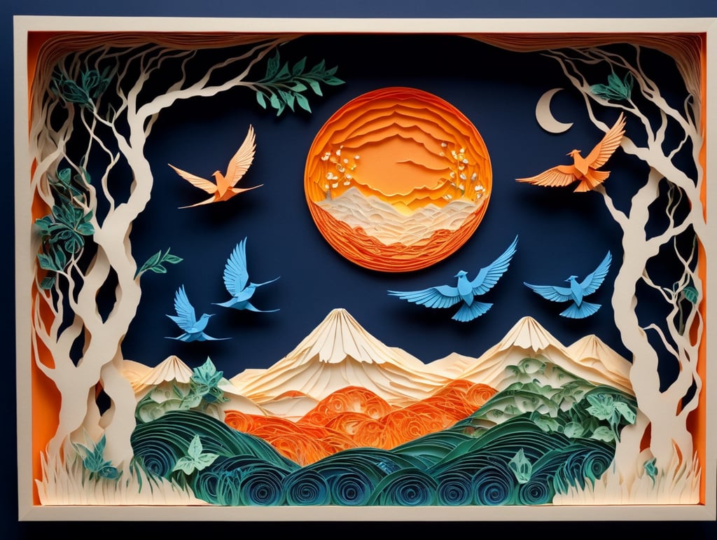 blue bird silhouettes, moon over mountain range, lake, trees, blues, greens and oranges, open space in middle, orange fruit, blue background