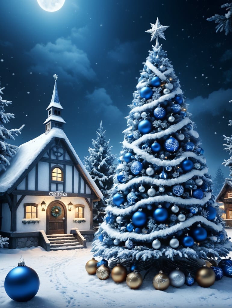 Create a Christmas greeting for Osijek FC in white and blue style, with Christmass tree, white blue decoration, snow