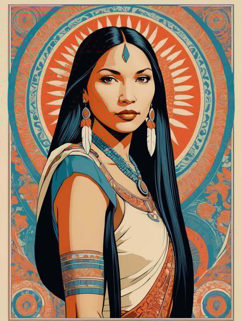 Pocahontas, Illustration, Screen Print, Portrait, USA, style of Chuck Sperry