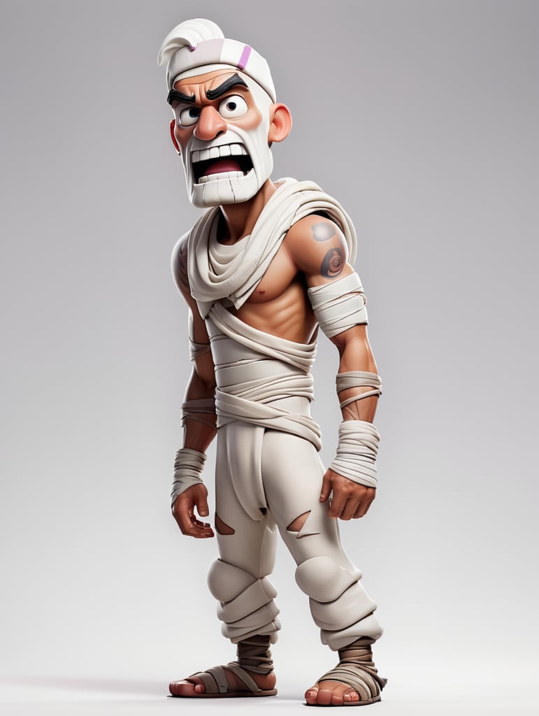 A photograph of mummy costume covered in bandages for a male character with fortnite style, halloween costume, white background, full body