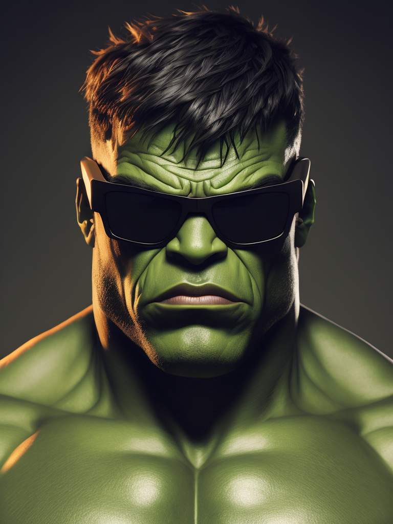Portrait of a green hulk in ((black thick rimmed sunglasses)), Photography, studio photo, professional photo, Rich colors, Detailed image, detailed face