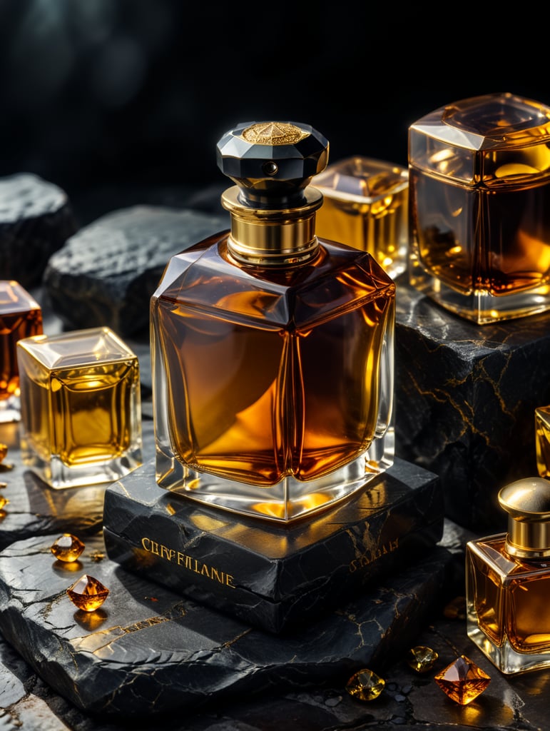 professional photography of a luxury perfume, square bottle, surrounding an amber gems, yellow satin scarf on a background, no label, clear, mockup