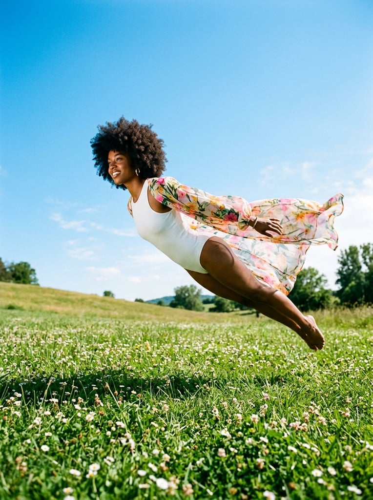 Black woman with afro in white bodysuit and sheer flowing floral robe, extreme gravity-defying forward lean, low angle perspective, bright green grassy field with tiny white flowers, expansive clear blue sky, vivid colors, bright daylight, surreal fashion portrait