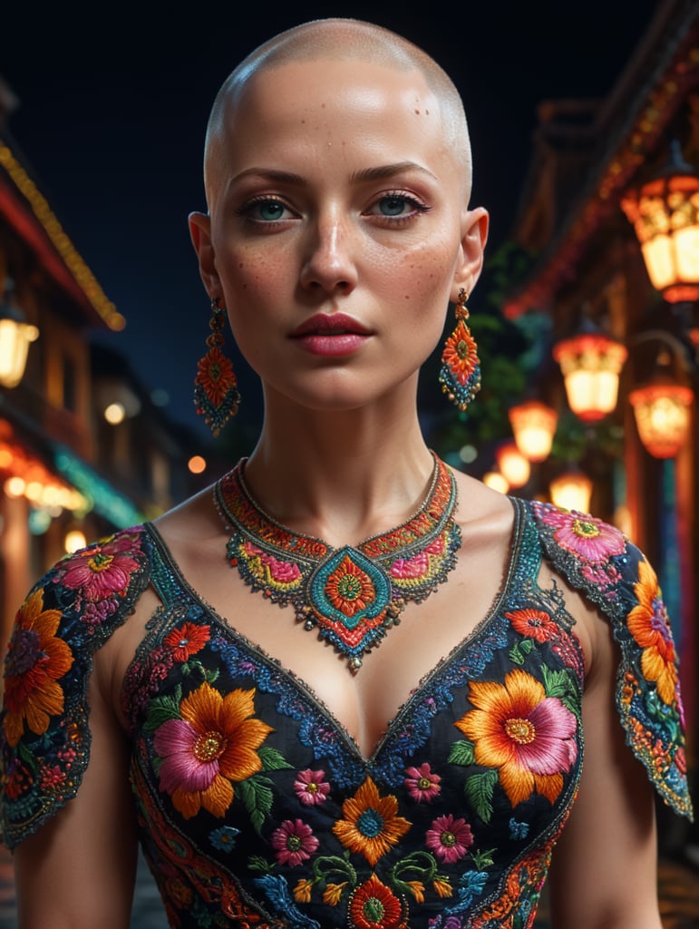 Beautiful hot bald woman with freckles, wearing a colorful, vibrant, detailed embroidered dress, medium-full shot, at night