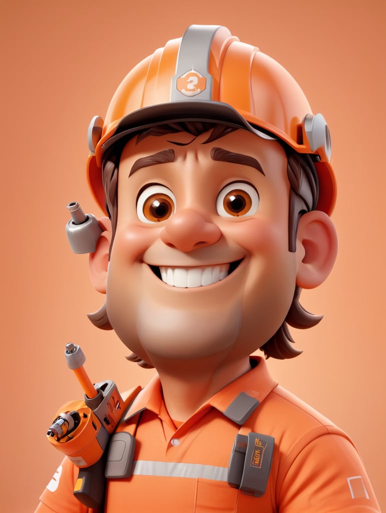 happy worker using construction helmet, on orange tshirt, with a screwdriver on his hand, smiling, brown eyes