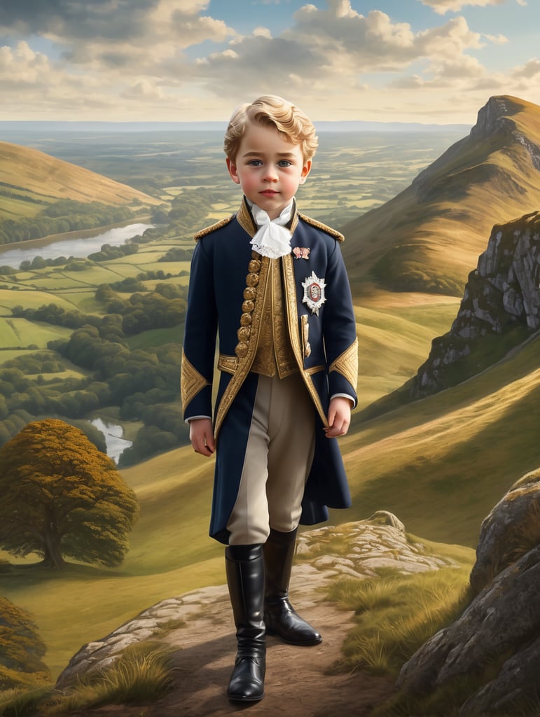 Realistic style, An enchanting portrayal of Prince George of England, featuring him in regal attire, surrounded by vast landscapes representing the one hundred and thirty-three thousand acres of land he inherited across twenty-three counties in the United Kingdom, representing his immense wealth. hyperdetailed, 8k, hyperrealistic