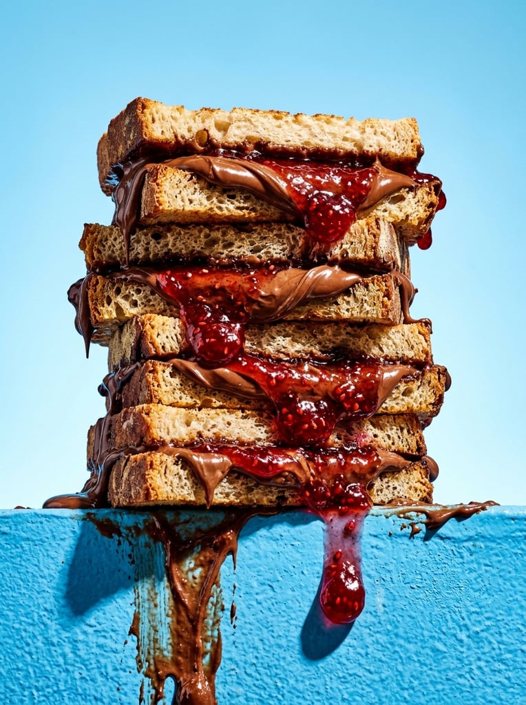 A towering stack of thick bread slices oozing with heavy layers of brown chocolate spread and glossy red berry jam sits on a bright blue textured ledge. A single jam droplet hangs from the edge. Shot against a light blue gradient background, hard directional studio lighting casts sharp shadows, creating a bold, high-contrast pop-art food photography aesthetic.