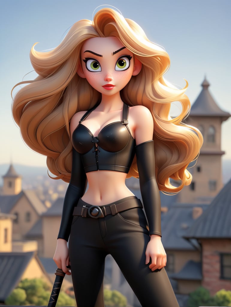 Beautiful anime girl 3D Model With Long Blond Hair, light golden eyes, sharp nose, light brown lips, average body Shapes, wearing black bra with black Cargo Pant holding a katana sword in one hand standing at the edge of roof top.