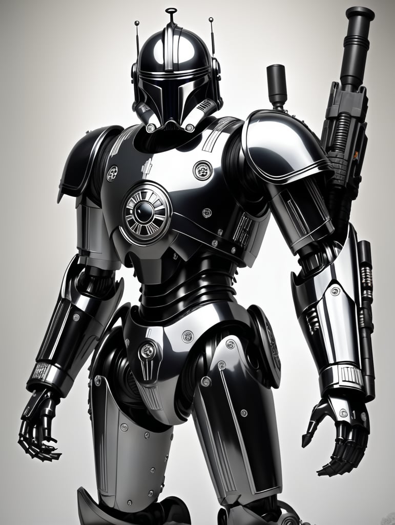 commando droid, star wars, full body, battle pose, shiny black and white armor, shiny silver light eyes