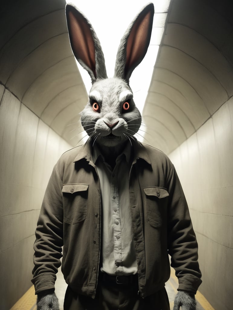 Scary Bunny Man is in a tunnel. He has old clothes. And he looks at the camera nervously. realistic