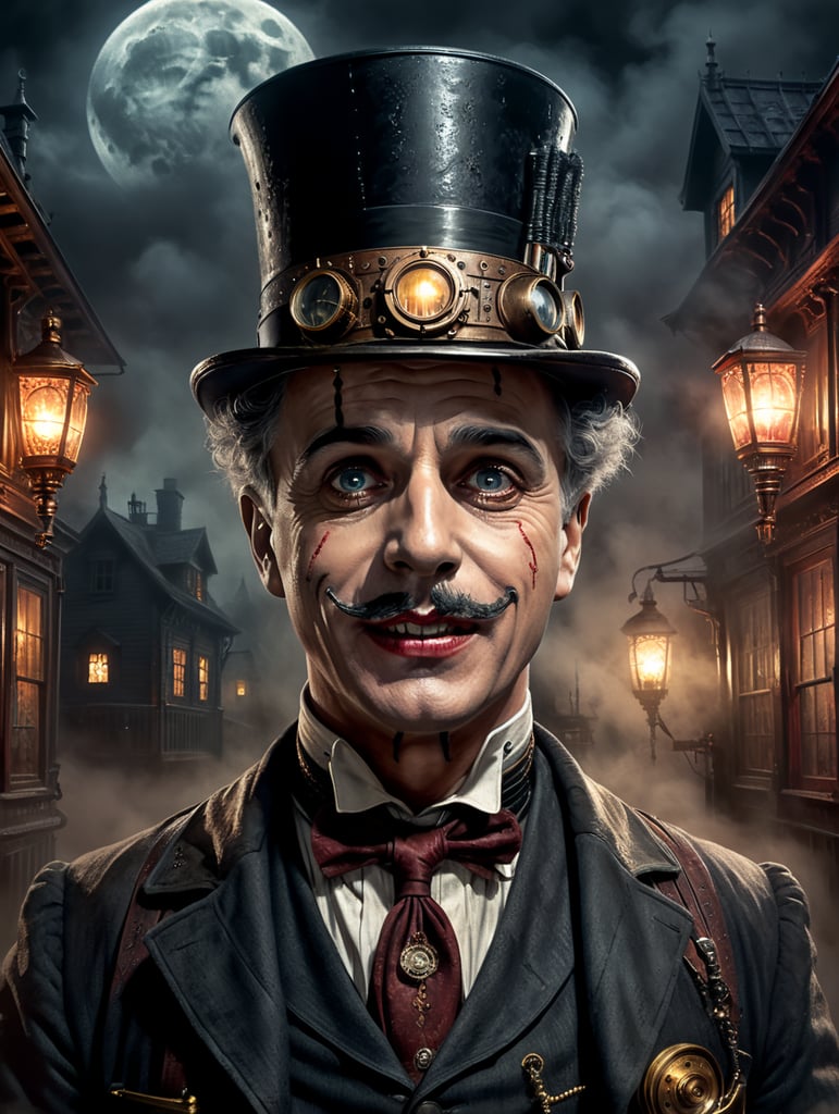 Portrait of Charlie Chaplin in a horror show with blood in a steampunk house with night moon lighting and fog