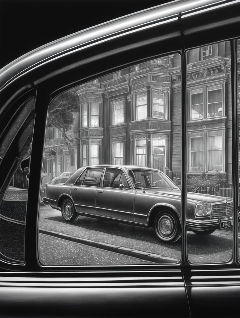 hand drawn in grey lead pencil detailed image of night refelctions on car side window of a man walking past , australian house