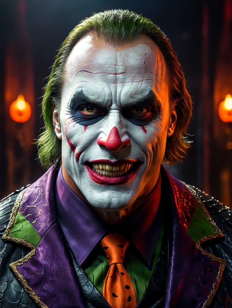 Dwayne Johnson wearing spooky Halloween costume in joker makeup ,Sinister, Vivid saturated colors, Contrast color