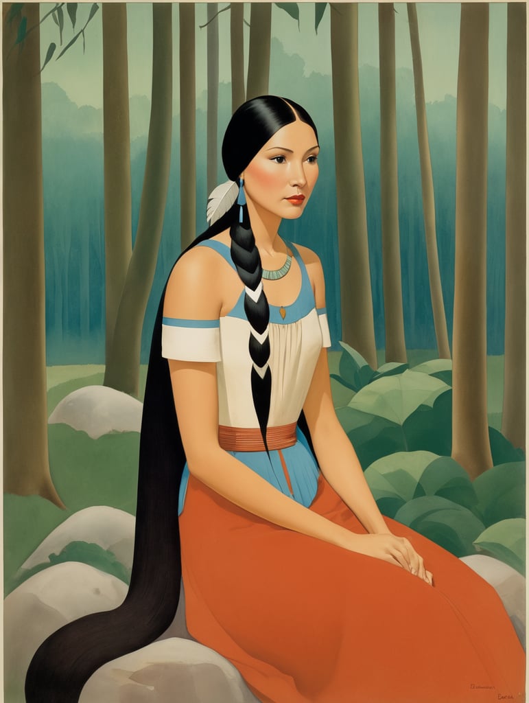 Pocahontas, 0Il lustration, Painting, Oil, Watercolor, Portrait, USA, style of Will Barnet