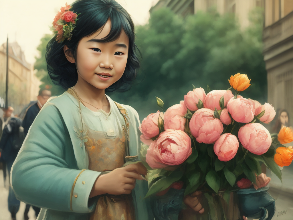 asian happy little girl in a victorian dress, selling flowers in 1930s Paris, street is visible, peonies, roses, lilies, soft pink and pastel cyan colours, cinematic style, hand coloured vintage photograph, sunny day, high resolution, sharp image