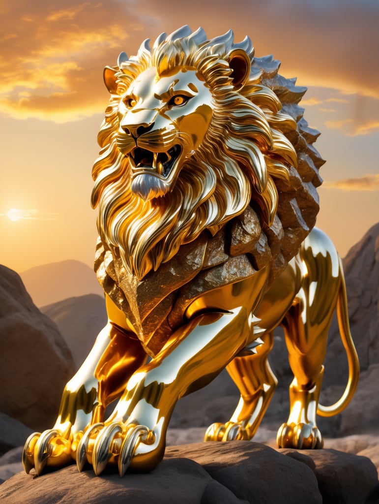 "A majestic hybrid lion, its body forged from solid blocks of pure gold, gleaming as if freshly cast from a molten forge. Its mane consists of massive golden chunks layered together, reflecting dazzling light with every movement. Its eyes are two radiant golden gemstones, burning with an inner fire. The claws and fangs are sharp blades of gold, polished to a brilliant shine. It stands atop a land filled with colossal golden boulders, under a sky of eternal sunset hues, exuding the power and magnificence of a legendary creature."