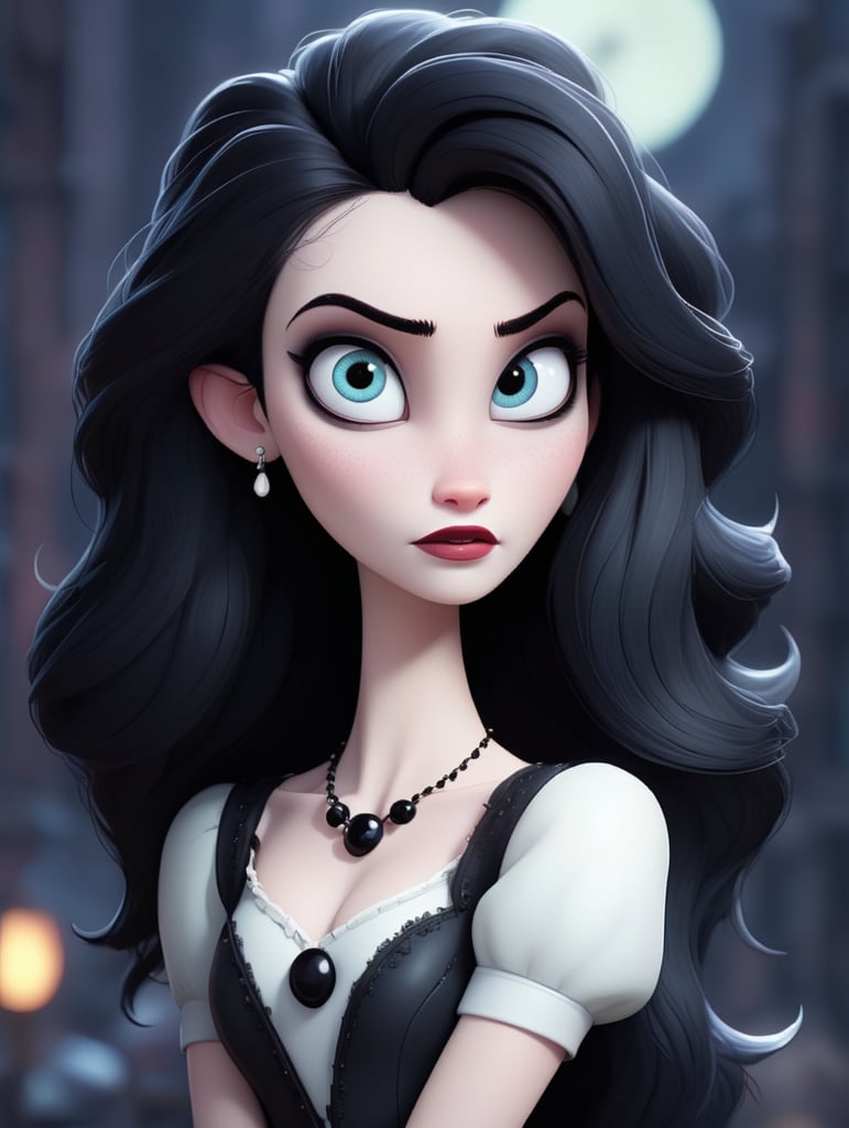 White pale vampire woman with black dark hair. Animated style. 80's style. Gotic style