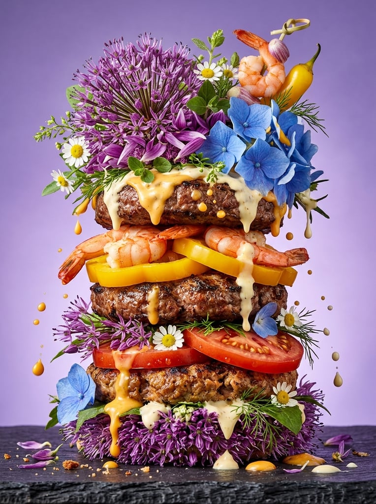surreal tall burger composition, dense spiky purple allium flower buns, cooked pink shrimp, glossy yellow pepper, thick grilled meat patties, sliced red tomatoes, white daisies, blue hydrangea petals, delicate green foliage, thick glossy yellow-orange and creamy white sauces dripping with mid-air drops, smooth violet to lavender gradient background, sharp studio lighting, macro photography, glossy textures