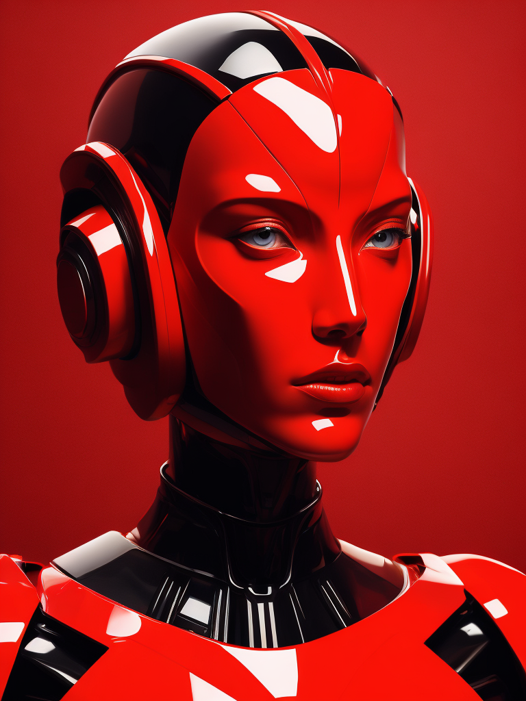 Portrait of an android girl made of red glossy material, sharp highlights, red background, Vivid saturated colors, Contrast color