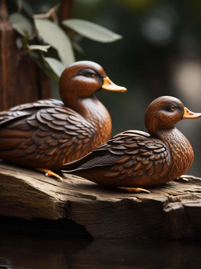 a deep carved wooden duck, sharp on details