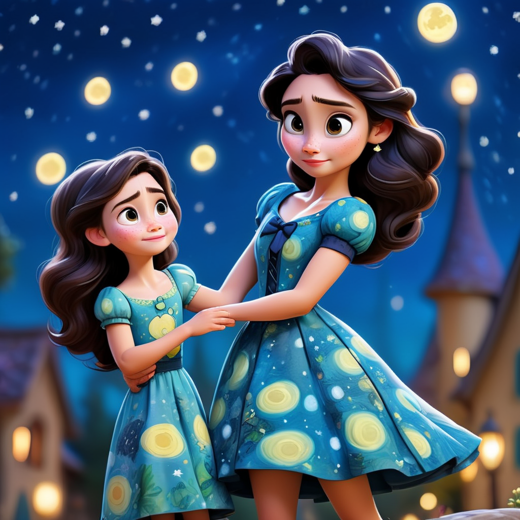 a woman with her little daughter on her arm, wearing a van gogh print dress under a starry night, Disney Pixar style