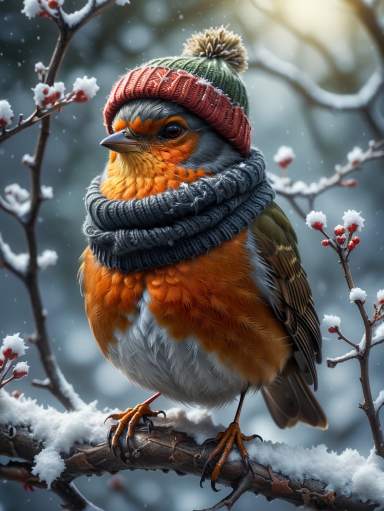 A robin sitting on a snowy branch wearing a woolly hat and scarf