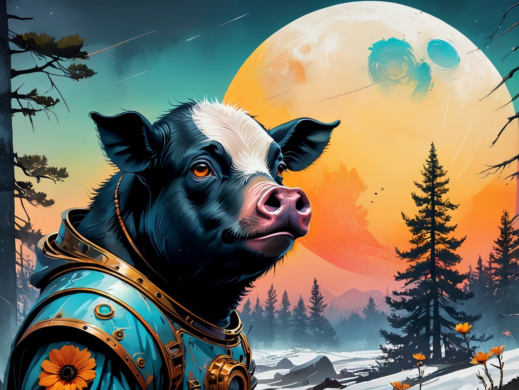 Черная свинья на луне. А вместо глаза цветок. Вокруг лес