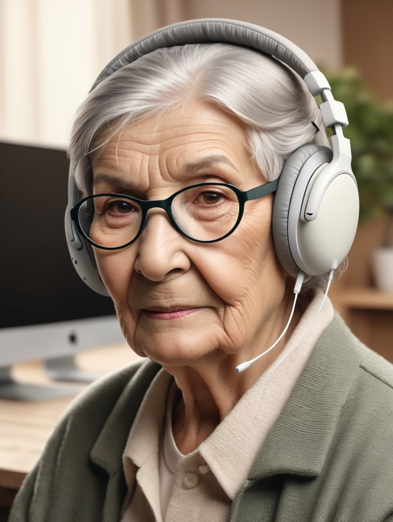 Old woman wearing an apple headset